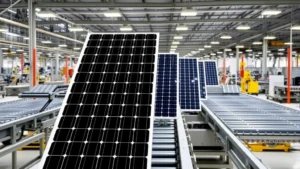 45z tax credit - A modern manufacturing facility interior with solar panels being assembled on co
