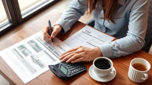 aiken county tax office - Photorealistic image of a professional woman reviewing property documents and ta