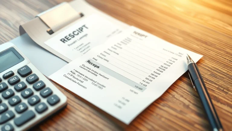 anaheim sales tax - Photorealistic image of a receipt on a wooden table with a calculator and pen ne