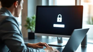 ao tax login - A professional at a desk with a laptop, looking at a secure login screen on the