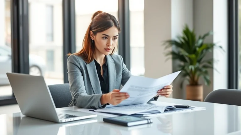 are legal fees tax deductible - Photorealistic image of a professional businesswoman in a modern office reviewin