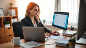 arizona state tax refund status - Professional woman sitting at home office desk with laptop and documents, checki