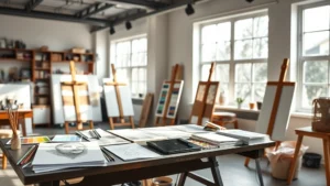 arts tax - A professional artist's studio workspace with natural light streaming through la