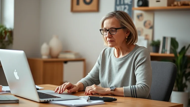 az tax refund - A middle-aged woman sitting at a home desk with a laptop