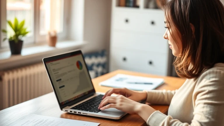 az tax return status - A person sitting at a home desk with a laptop, checking tax information on scree