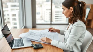 benton county property tax - Photorealistic image of a professional woman reviewing property documents and bl