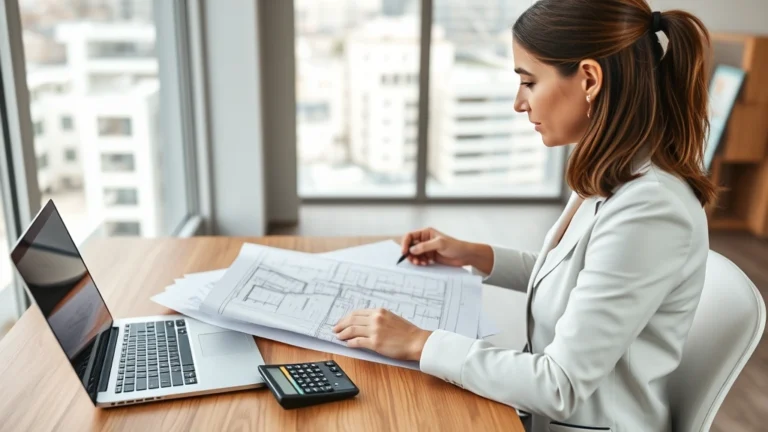 benton county property tax - Photorealistic image of a professional woman reviewing property documents and bl