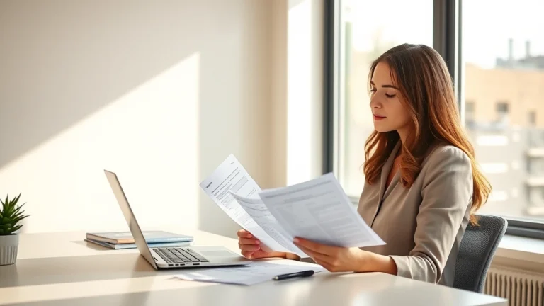 berkheimer local tax - A professional woman reviewing paycheck stubs and tax documents at a clean desk