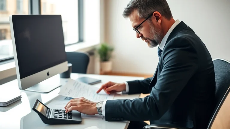 berkheimer tax administrator - Professional accountant reviewing financial documents at a modern desk, soft nat