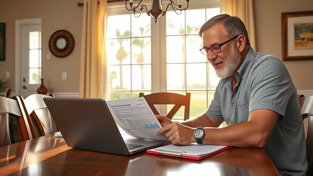 broward property taxes - Photorealistic image of a Florida homeowner reviewing property tax documents at