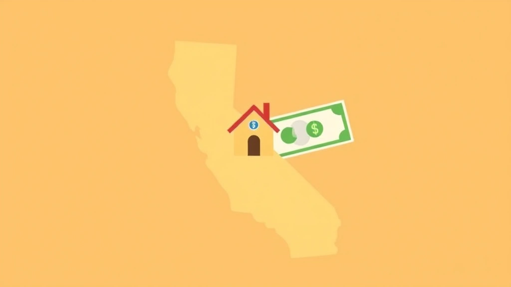california inheritance tax - Flat vector illustration of a California state map with a house, dollar bills, a