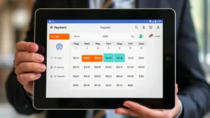 california state estimated tax payments - A professional holding a tablet showing a payment app interface with a calendar