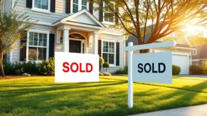 capital gains tax on inherited property - Photorealistic image of a beautiful residential home with a 'sold' sign in the f