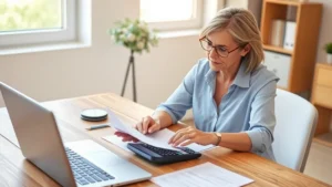 carver county property tax - A professional woman in her 40s reviewing property tax documents at a wooden des