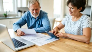 cass county property tax - A homeowner reviewing property tax documents at a kitchen table with a calculato