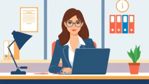 chartered tax advisor - Flat vector illustration of a professional woman in business attire sitting at a