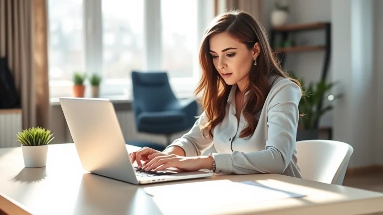 city wage tax in philadelphia - Professional woman reviewing paycheck on laptop at modern home office desk, morn