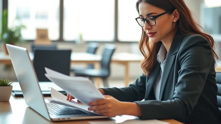 confirm your tax status from sofi - A close-up of a professional woman at a desk with a laptop and documents, lookin