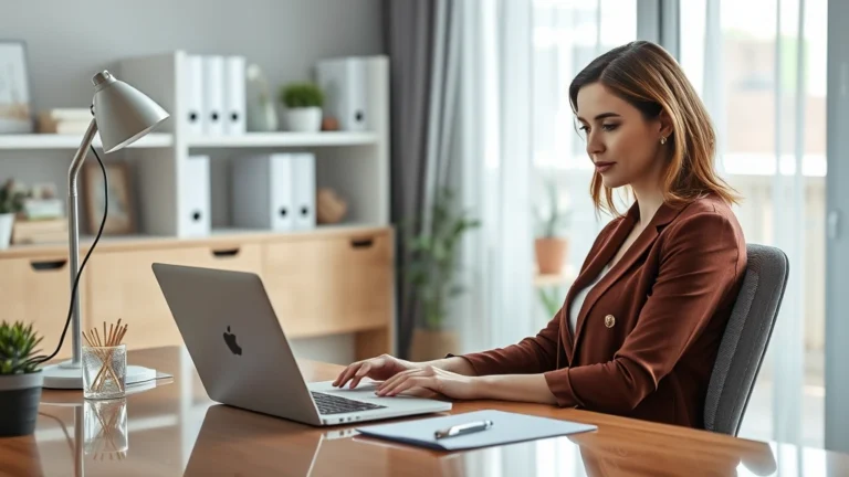 connecticut tax calculator - Photorealistic image of a professional woman sitting at a modern home office des