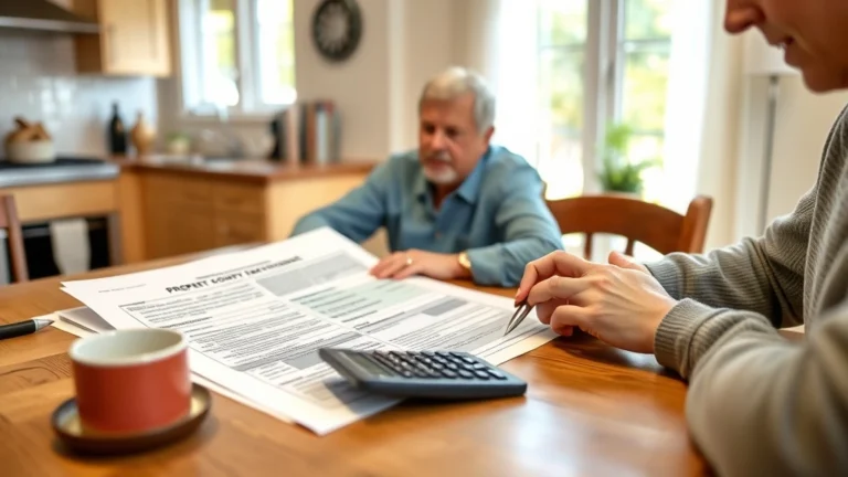 cook county property tax bill - Photorealistic image of a Cook County homeowner reviewing property tax documents