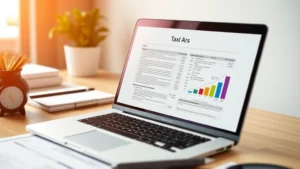 cross river bank tax refund status - A professional financial workspace featuring a laptop displaying tax documents