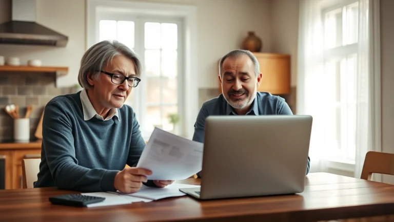 cuyahoga property tax - A professional middle-aged couple reviewing documents at a kitchen table with a