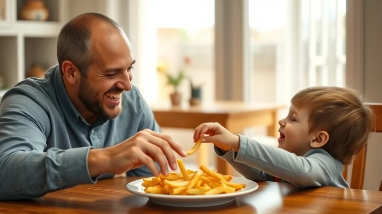 dad tax shirt - A father and young child laughing together at a dining table, the father playful