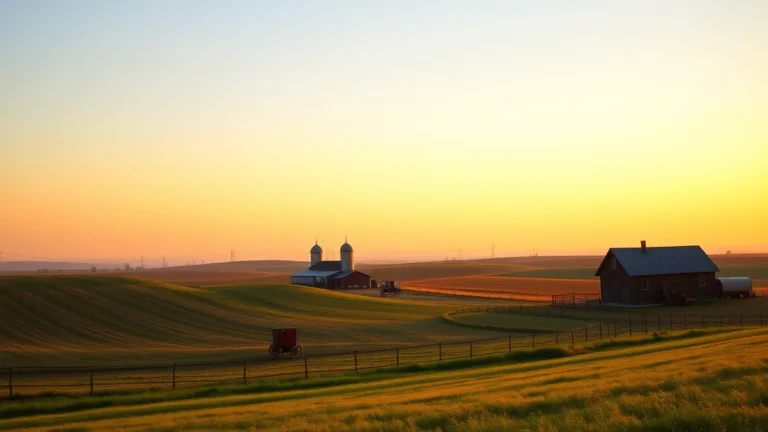 do amish pay taxes in the us - A serene Amish farm landscape at golden hour with rolling fields, a simple farmh