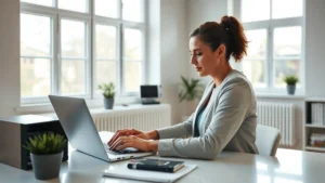 does uk should show tax inclusinve pricing in the websites - A professional working at a modern laptop in a bright, minimalist home office, r