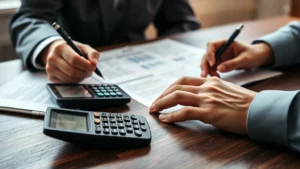 estate tax calculator - Close-up of a professional's hands reviewing estate planning documents on a wood