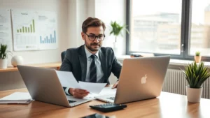 excise tax ma - Professional financial advisor reviewing tax documents and charts at a modern de