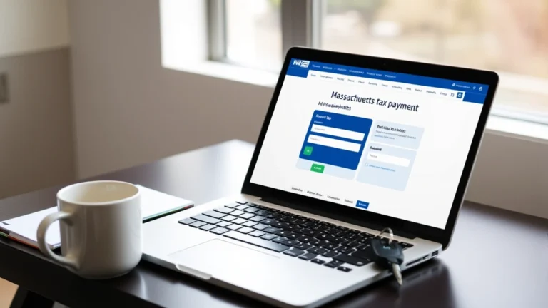 excise tax massachusetts pay online - A professional, clean desktop workspace with a laptop displaying a Massachusetts