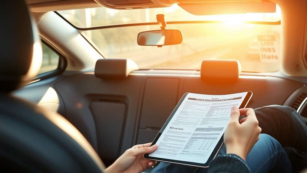 fairfax county personal property tax - A person sitting in a modern car interior, reviewing tax documents on a tablet,