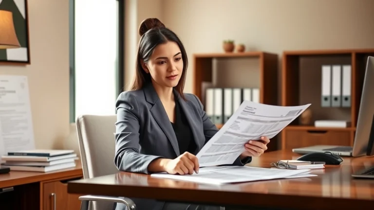 fresno county ca tax collector - A professional woman in business casual attire sitting at a desk reviewing finan