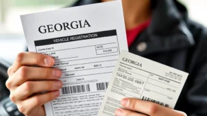 ga car ad valorem tax - Photorealistic image of a person holding a Georgia vehicle registration document
