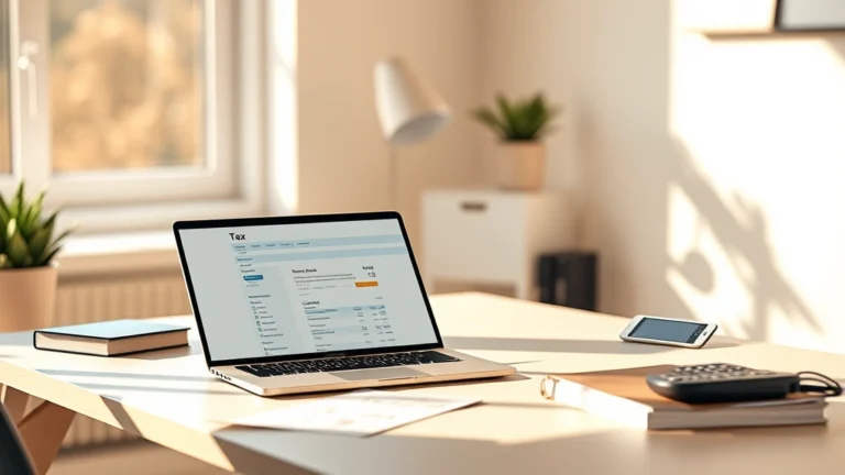 glacier tax prep - Photorealistic image of a modern home office with a laptop displaying a clean ta