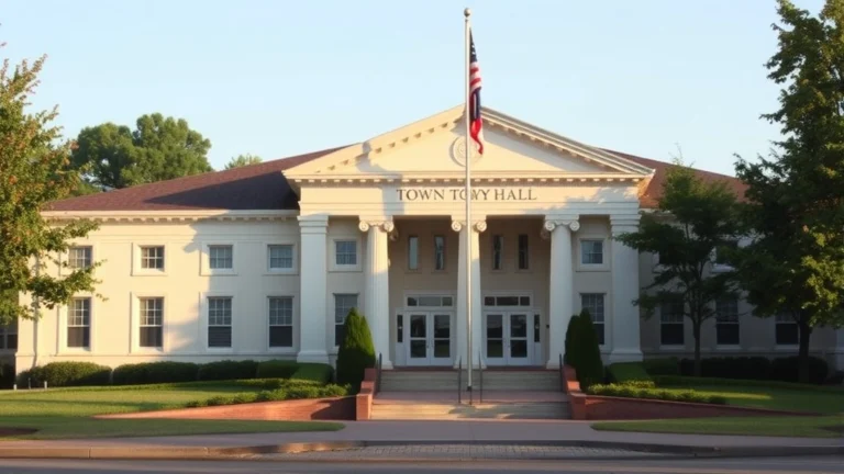 hamden tax collector - A modern town hall building with classical architecture, flagpole, and manicured