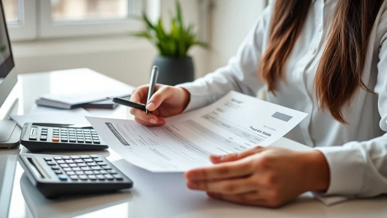 how much taxes deducted from paycheck fl - A close-up of a professional woman reviewing a detailed pay stub document at a c