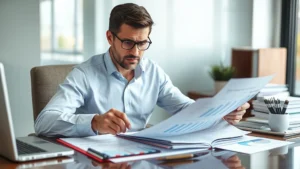 how to report tax fraud - A professional sitting at a desk reviewing financial documents with a concerned