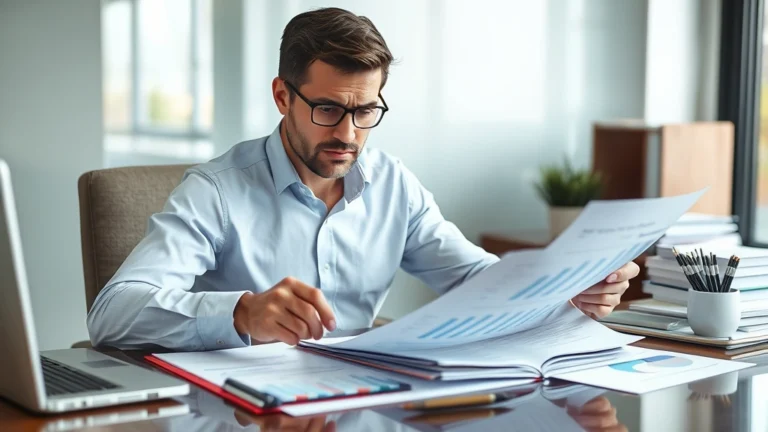 how to report tax fraud - A professional sitting at a desk reviewing financial documents with a concerned