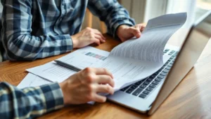 hunterdon county nj real estate tax bill online - A close-up photo of a homeowner reviewing property documents at a wooden desk wi