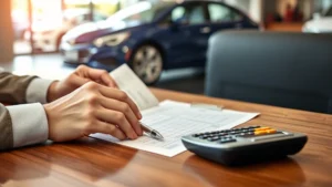 illinois vehicle sales tax - Photorealistic image of a person reviewing a car purchase agreement and calculat