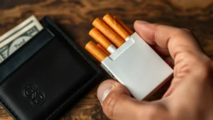 indiana cigarette tax increase - A close-up of a hand holding a pack of cigarettes next to a wallet with cash vis
