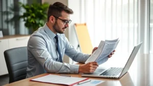 is car insurance tax deductible - Professional accountant reviewing tax documents and car insurance papers at a mo