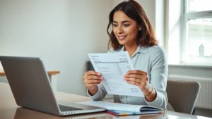 is oasdi tax mandatory - A professional woman reviewing her paycheck and pay stub at a desk with a laptop