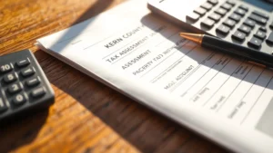 kern county property tax - A close-up of a Kern County property tax assessment notice and calculator on a w
