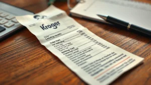 kroger refund central ohio sales tax - Close-up of a Kroger receipt on a wooden desk with a pen and notepad, warm natur