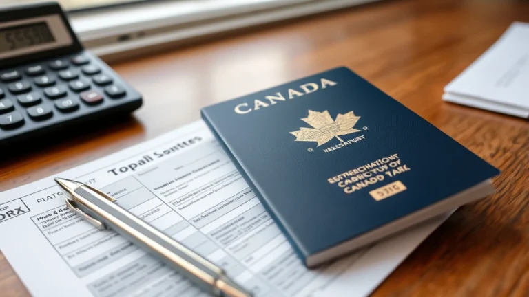 last day for taxes canada - Close-up of a Canadian passport and tax documents on a wooden desk with a pen an
