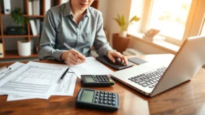 m&d tax - A professional sitting at a desk reviewing financial documents and tax forms wit