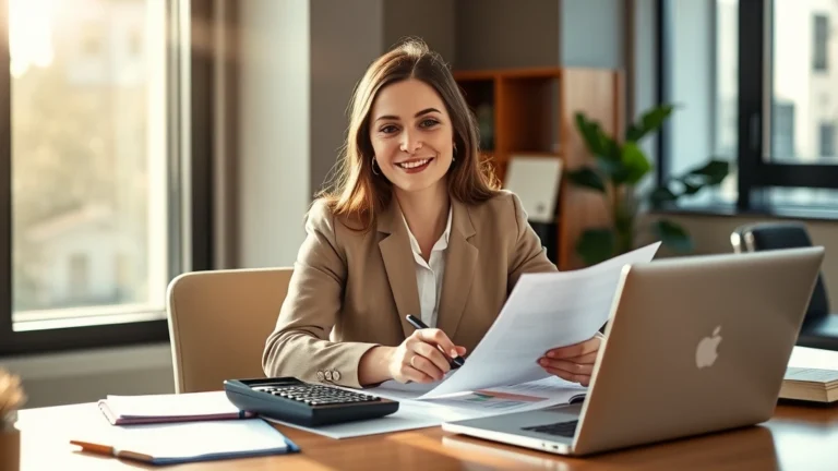 maryland state income tax rates 2025 - A professional woman at a desk reviewing financial documents and a calculator, m